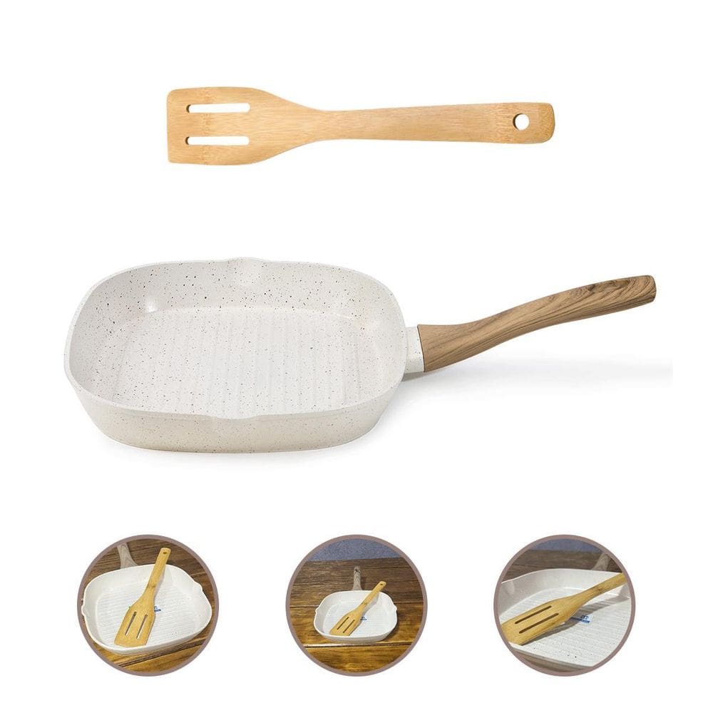 Frigideira Grill 24Cm Cerâmica E Espátula Bambu 30Cm-Vanilla