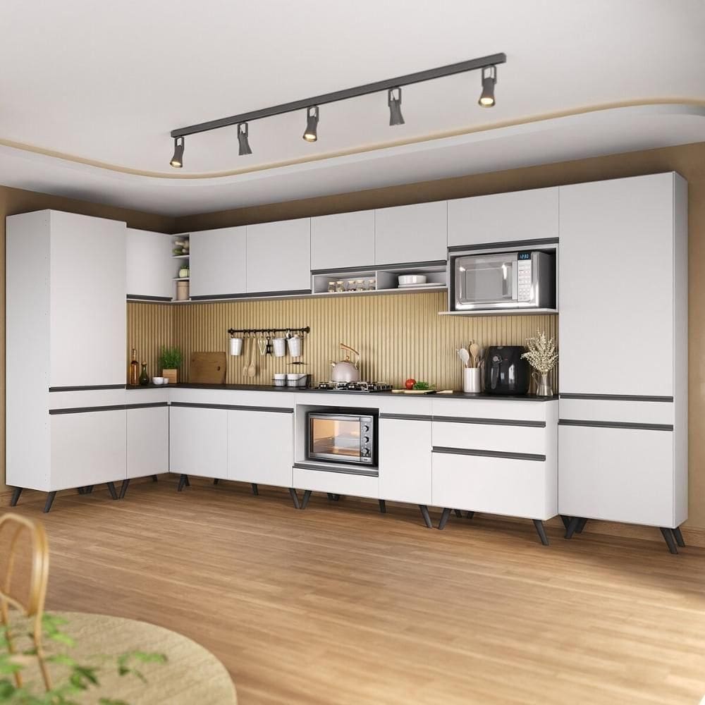 Armário De Cozinha Modulada Completa Canto 409cm Com Balcão Veneza Multimóveis Mp2303 Branco-preto
