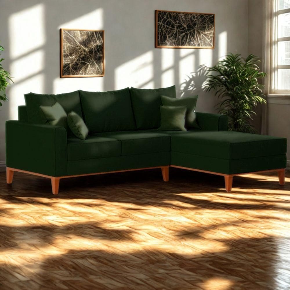 Sofá 3 Lugares Beny Com Chaise Direito Suede Verde