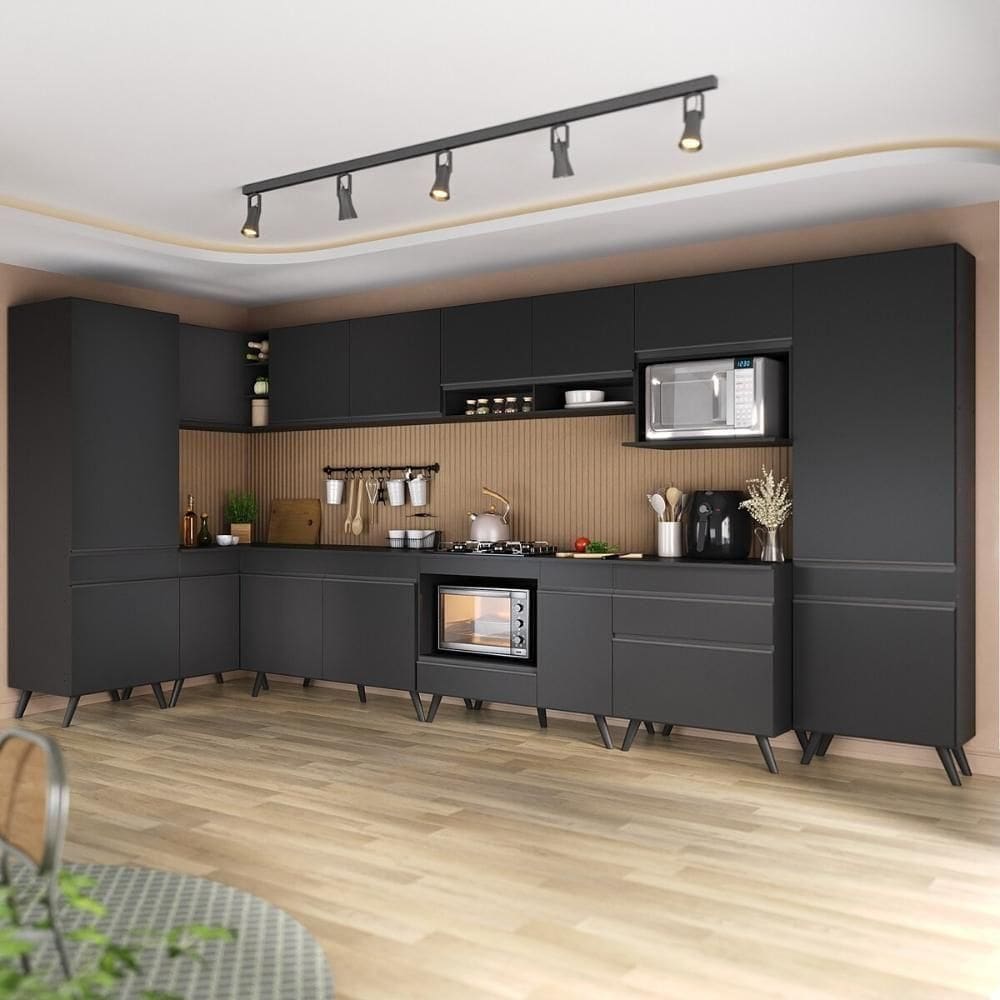 Armário De Cozinha Modulada Completa Canto 409cm Com Balcão Veneza Multimóveis Mp2303 Preto