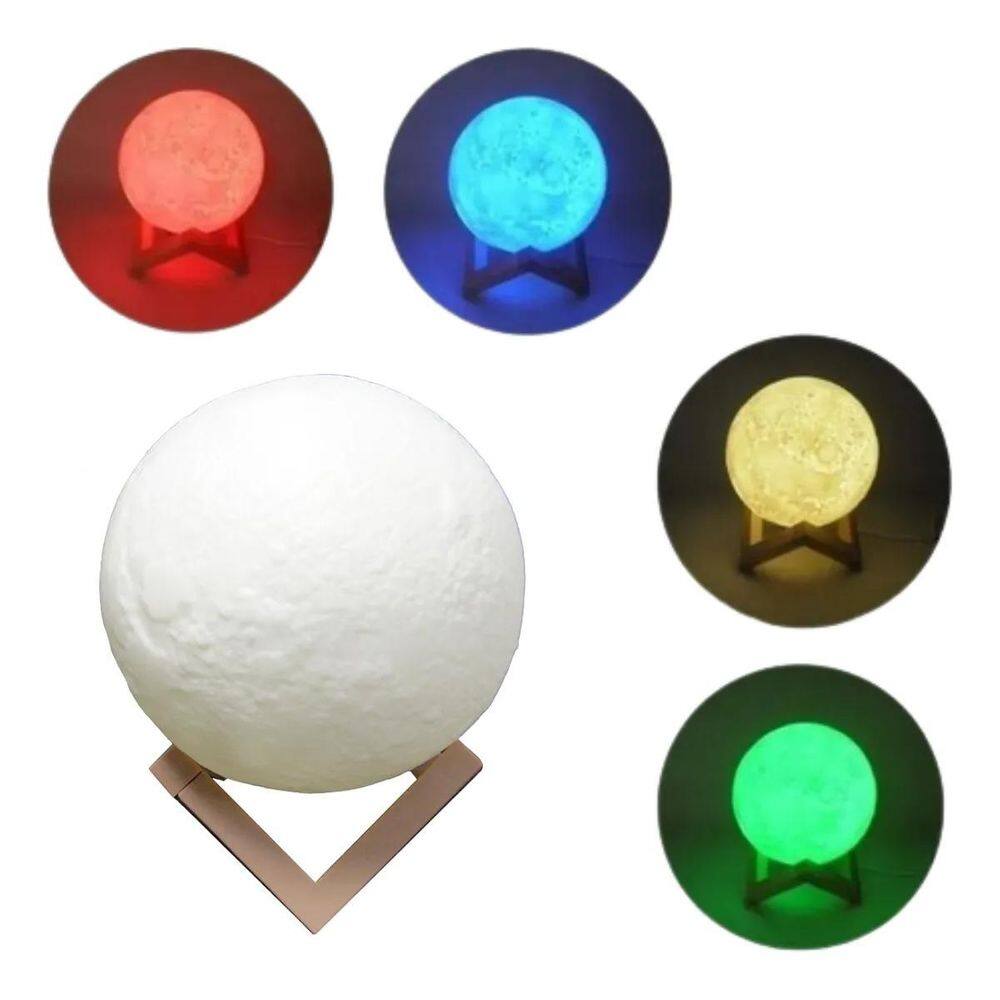 Luminária Lua Multicolorida Led Com Suporte Tamanho Grande