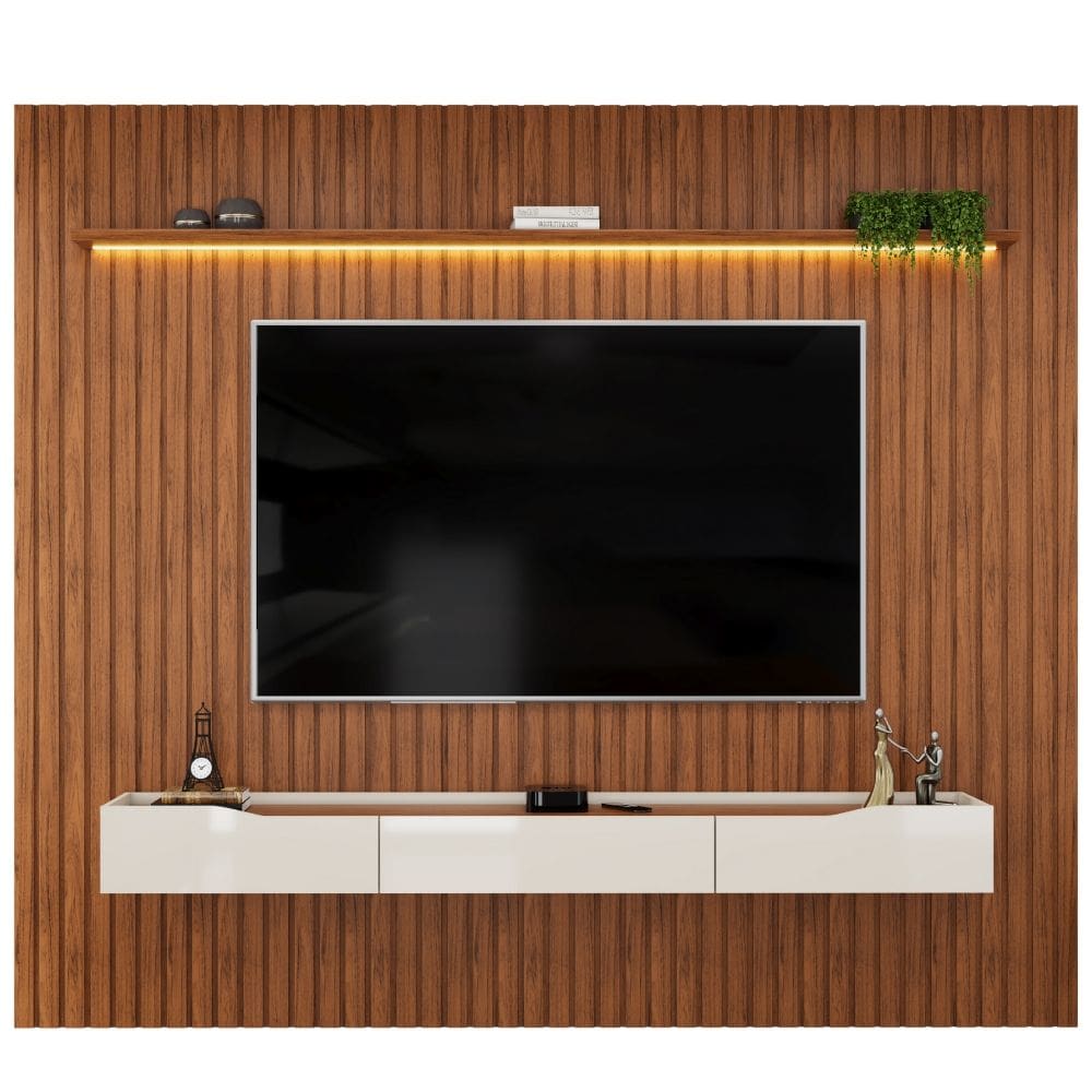 Painel Para TV Até 90 Polegadas 2,75m Ripado Autêntico Com Led Montreal Com Nicho Efraín