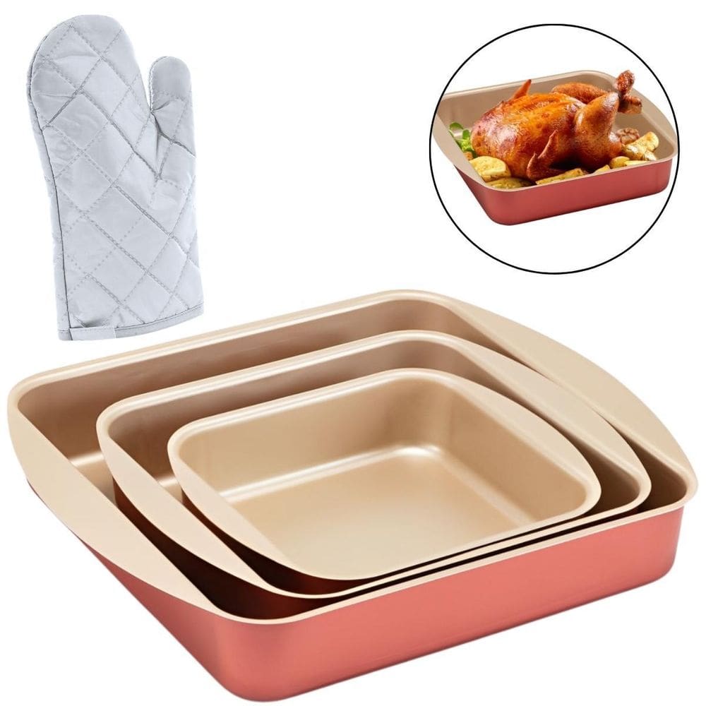 Jogo Forma Quadrada 03 Peças Antiaderentes + Luva Térmica