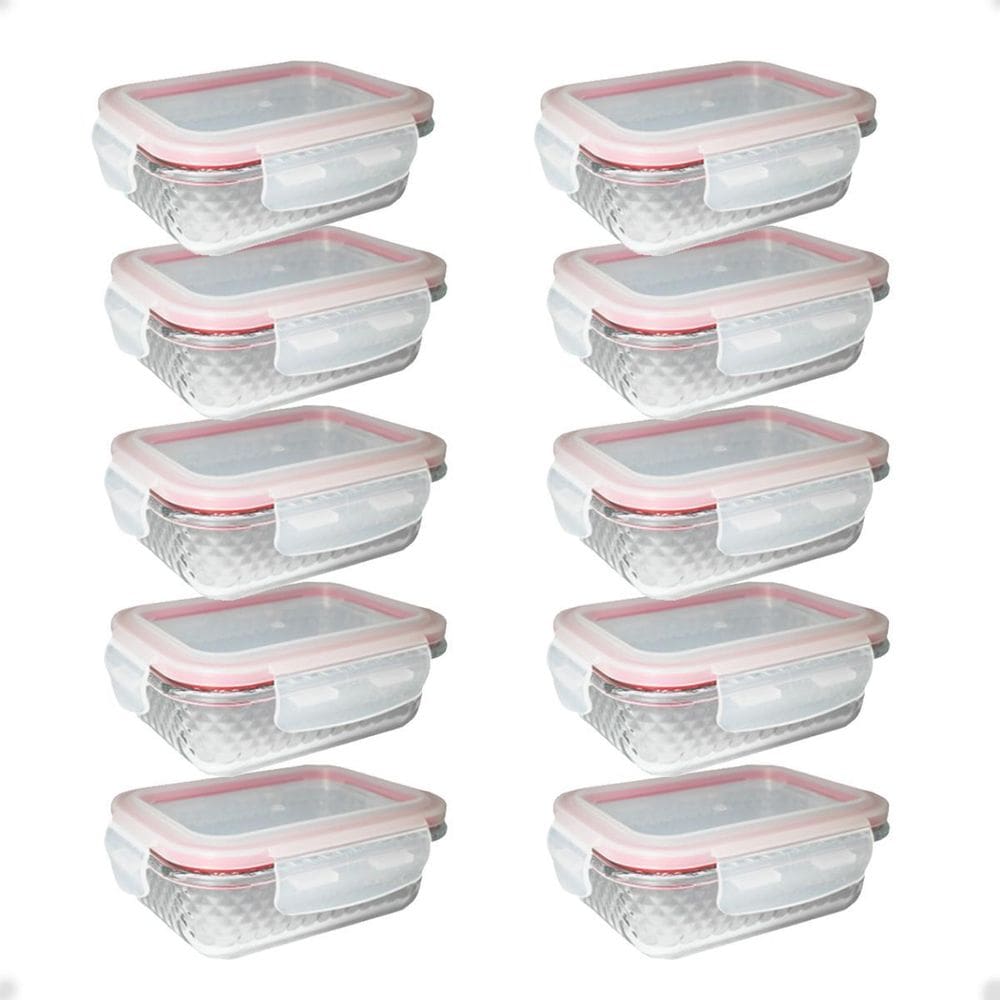 10 Potes Vidro Diamond Retangular 370Ml Vermelho Hermético