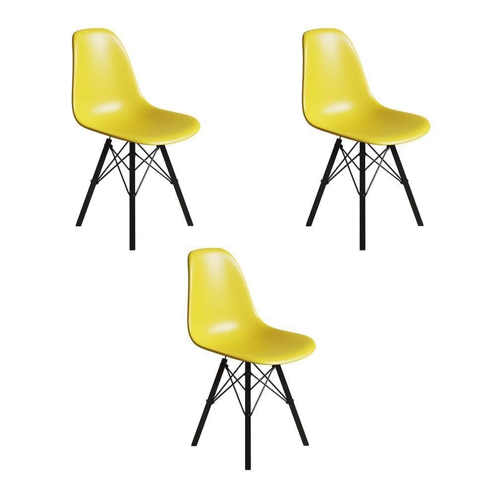 Conjunto 3 Cadeiras Eames Estilo Moderno Em Ferro Preto Com Assento Amarelo