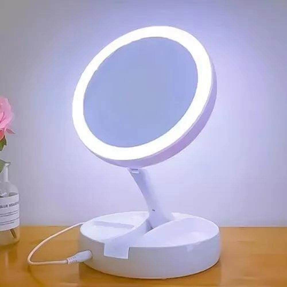 Espelho Dobrável Maquiagem Dupla Face Aumento 10X Led E Orga
