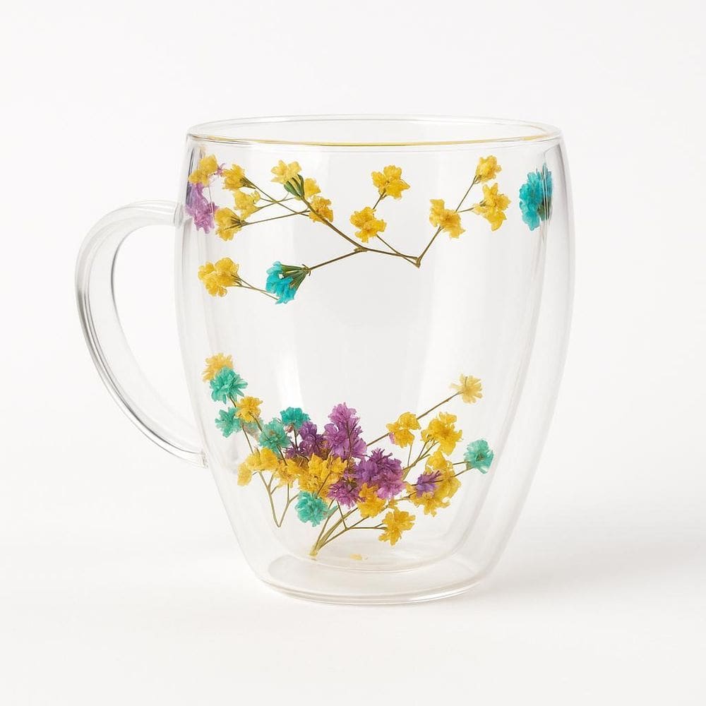 Caneca Xícara 350Ml Chá Café Parede Dupla Vidro Flores