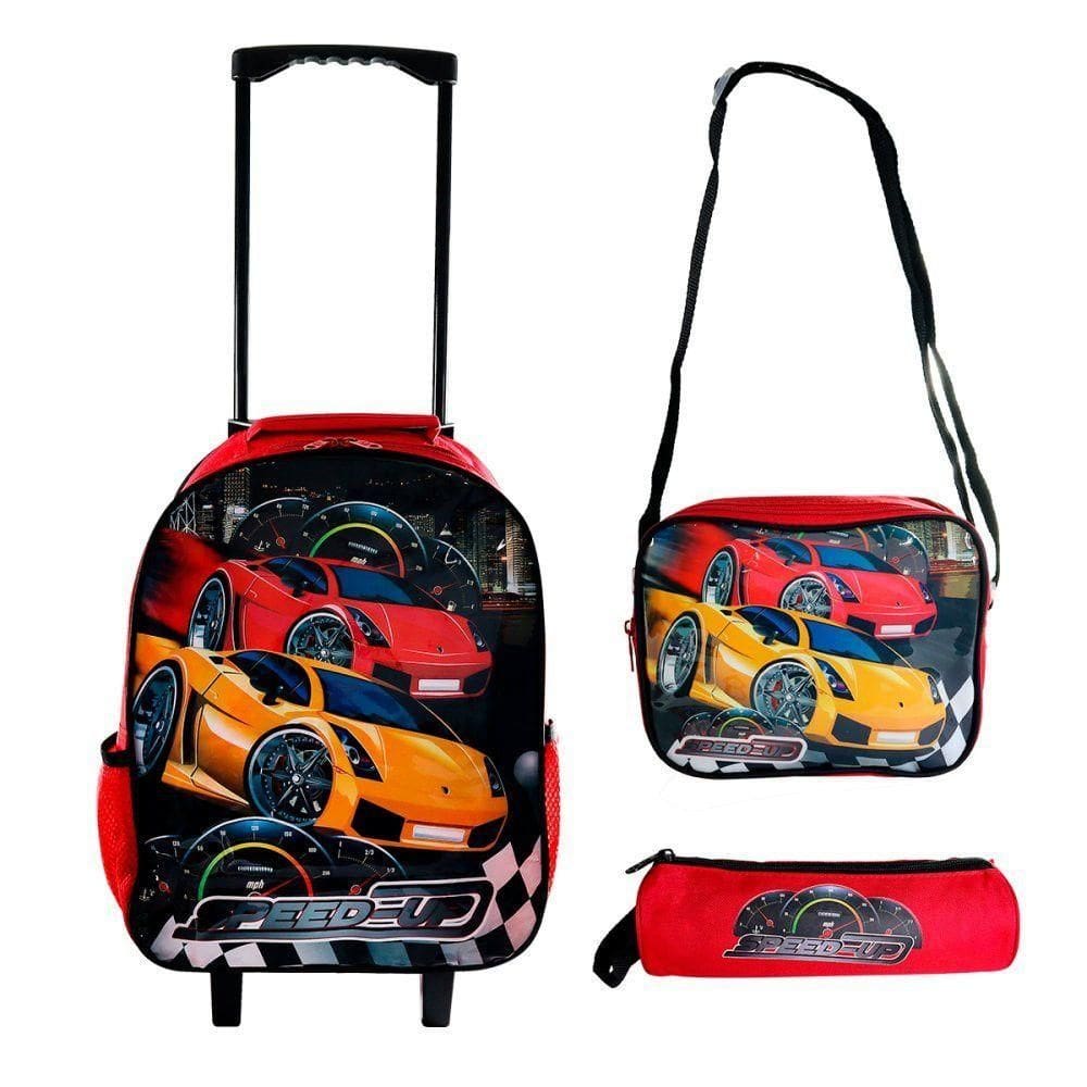 Kit Mochila Infantil Escolar Com 3 Peças Carrinho Vermelho