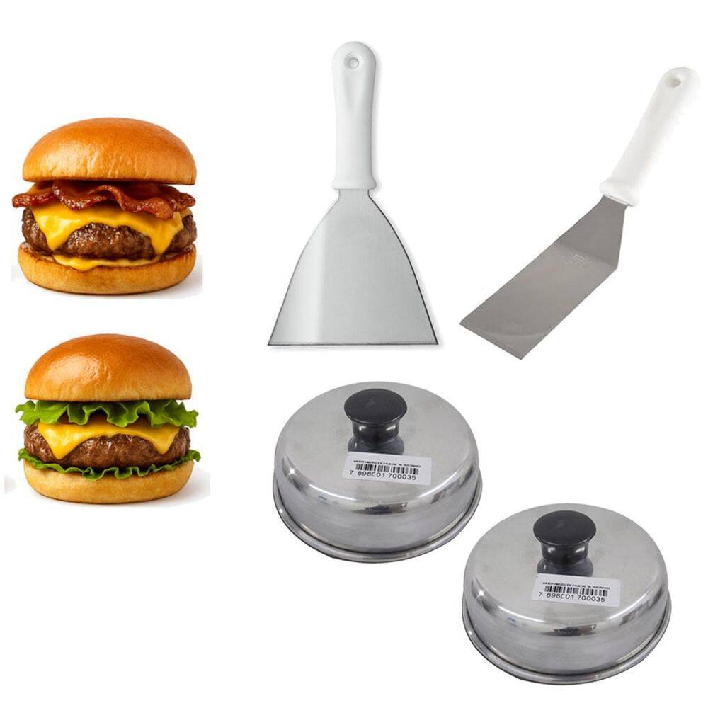 Kit 1 Espátula Reta E 1 Curva + 2 Abafador De Hambúrguer