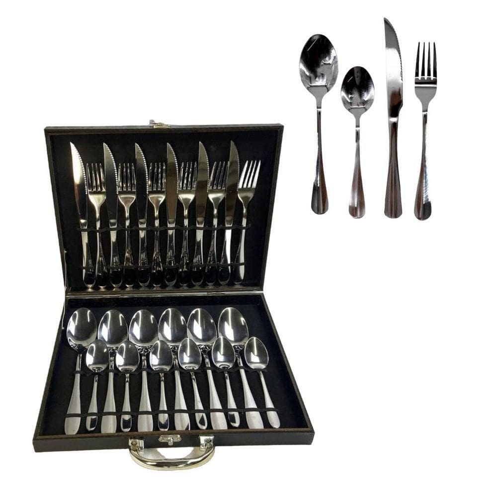 Kit Conjunto 24 Peças Talheres Inox Com Maleta Preta