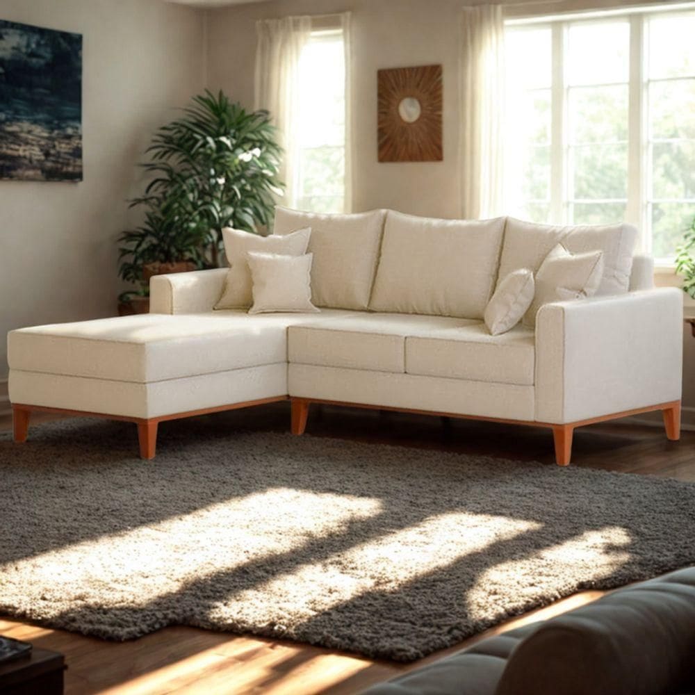 Sofá 3 Lugares Beny Com Chaise Esquerdo Corino Bege