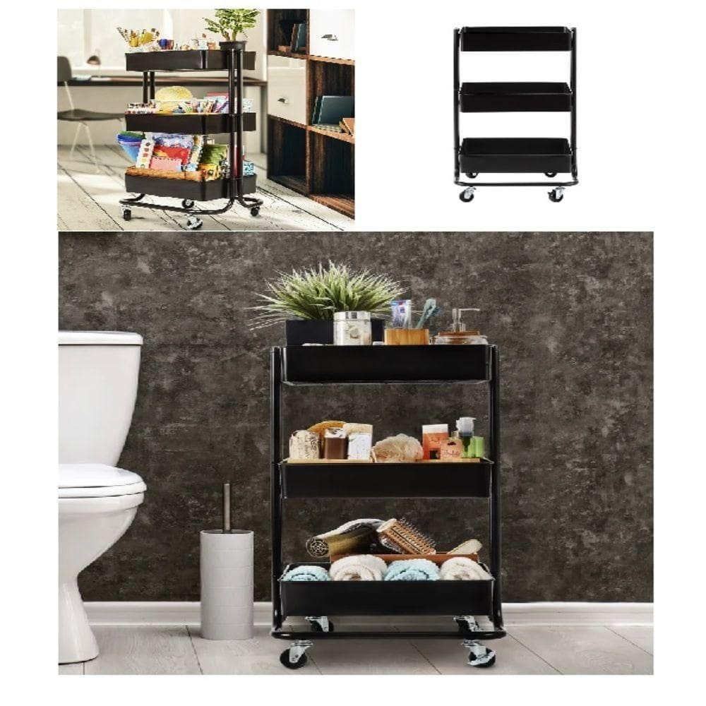 Carrinho Multiuso Organizadora 3 Prateleiras Em Aço Preta Quarto Sala Brinquedos Salao Manicure Varanda