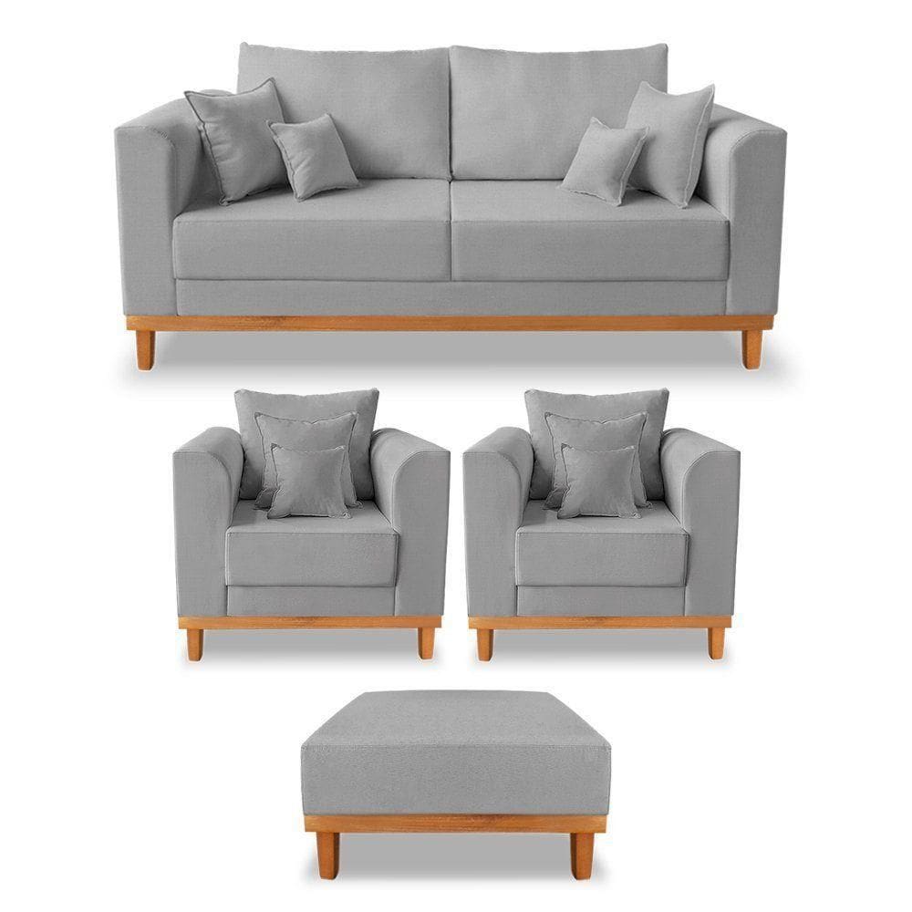 Kit Sofá 3 Lugares E 2 Poltronas Beny + Puff Isa Linho Cinza