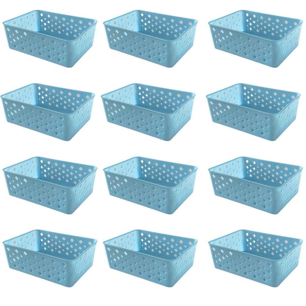 Kit 12 Cestos Organizadores Azul Multiuso Médio Empilhável
