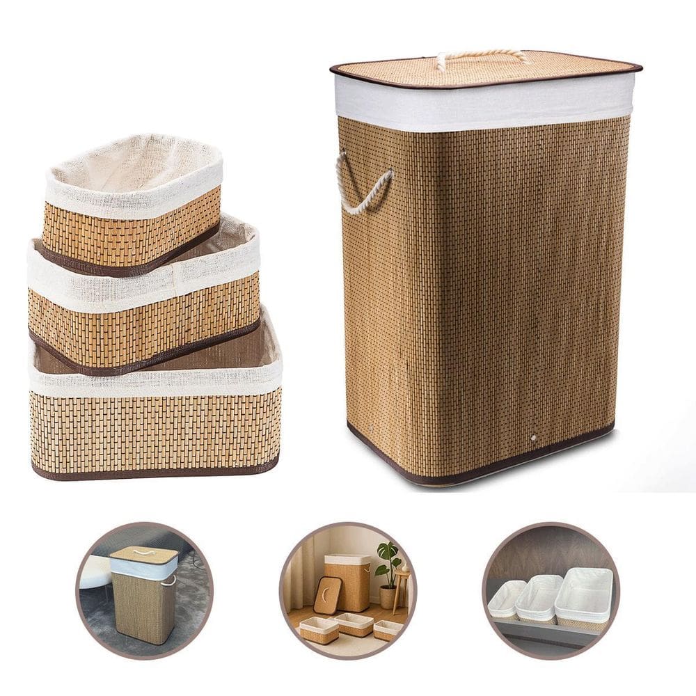 Kit Cestos Bambu 3 Organizadores E 1 Cesto De Roupa Suja
