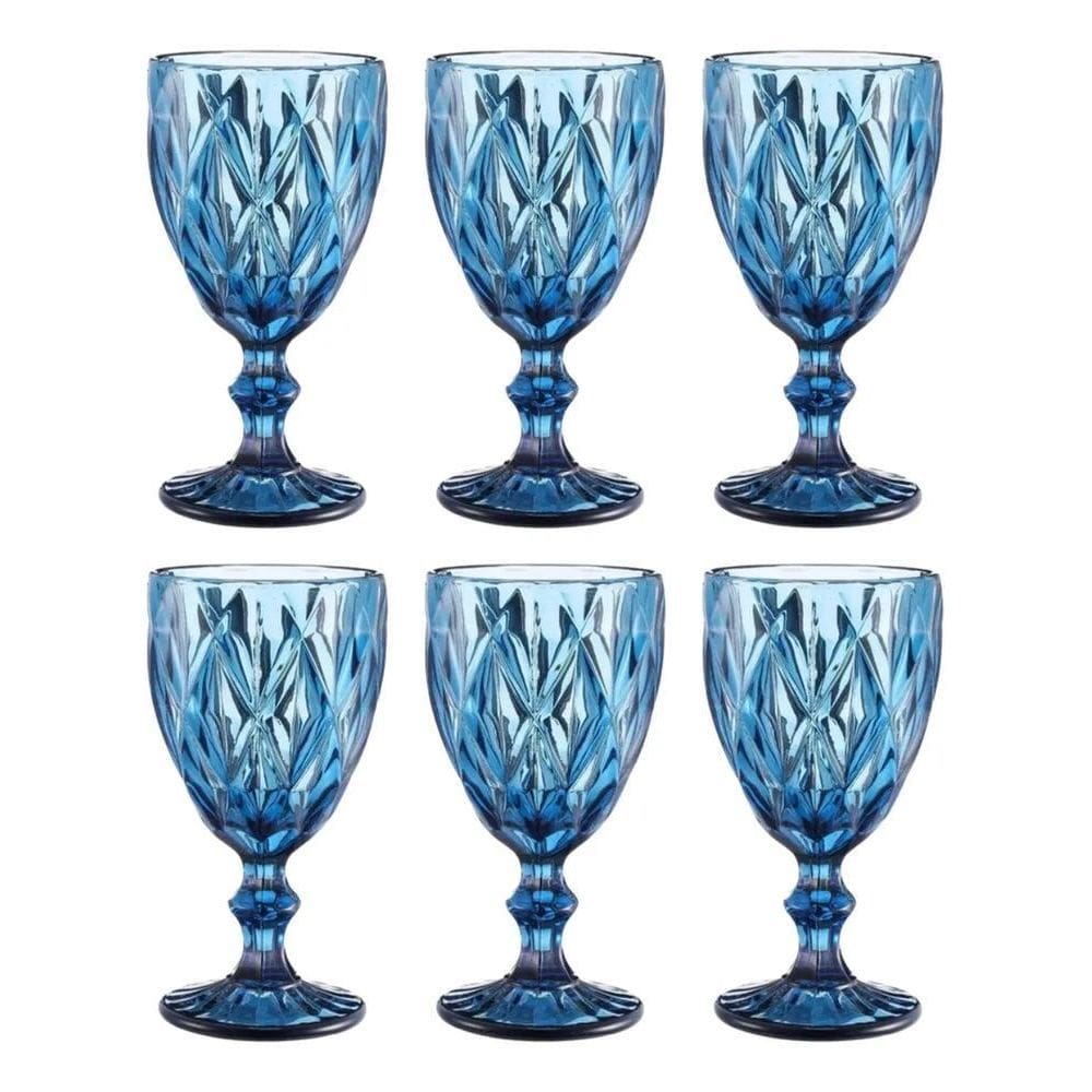 3X Conjunto 6 Taças Best Kaza Vidro Azul Diamante Vinho/Água