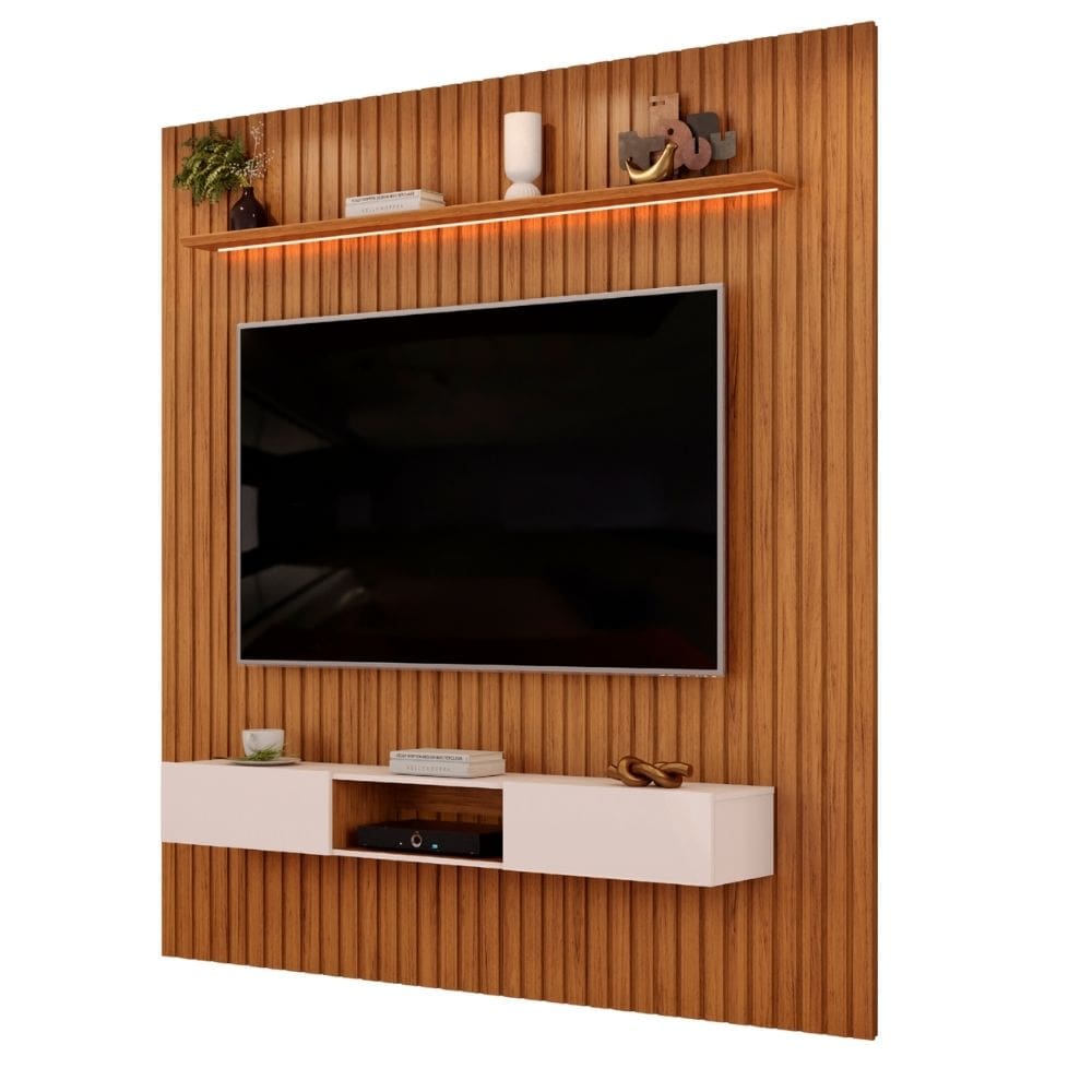 Painel Para Tv Até 65 Polegadas 2,23m Ripado Autêntico Com Led e Nicho Montreal Madeirado/Off White