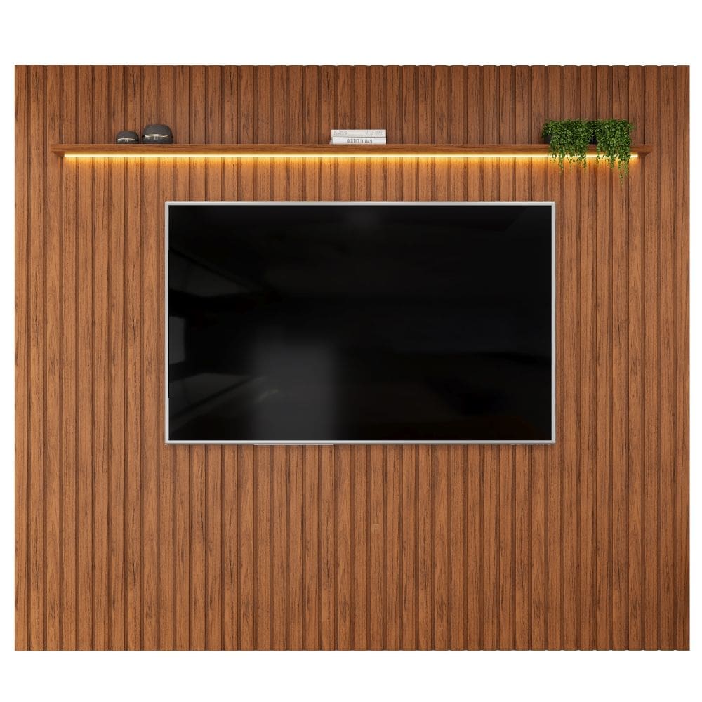 Painel Para Tv Até 90 Polegadas 2,75m Ripado Autêntico com Led e Prateleira Montreal Madeirado