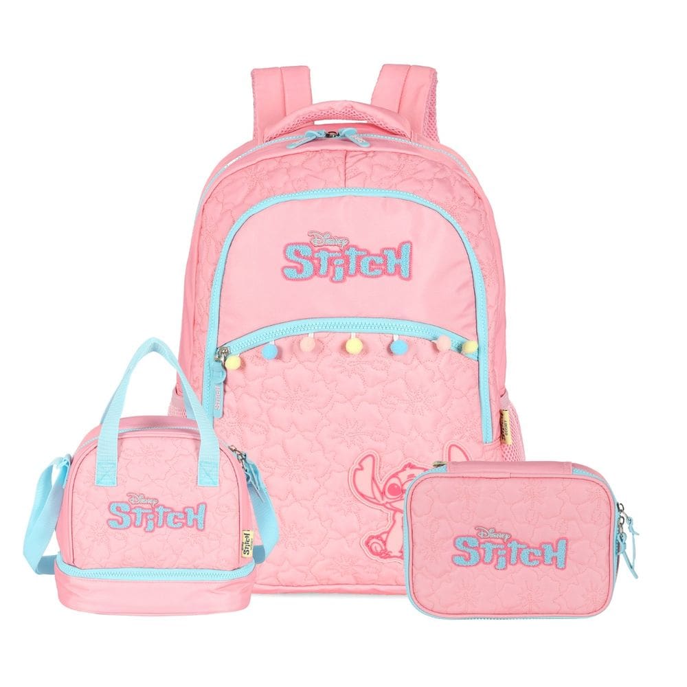 Mochila de Costas Stitch Disney Pompom Lancheira Estojo Box