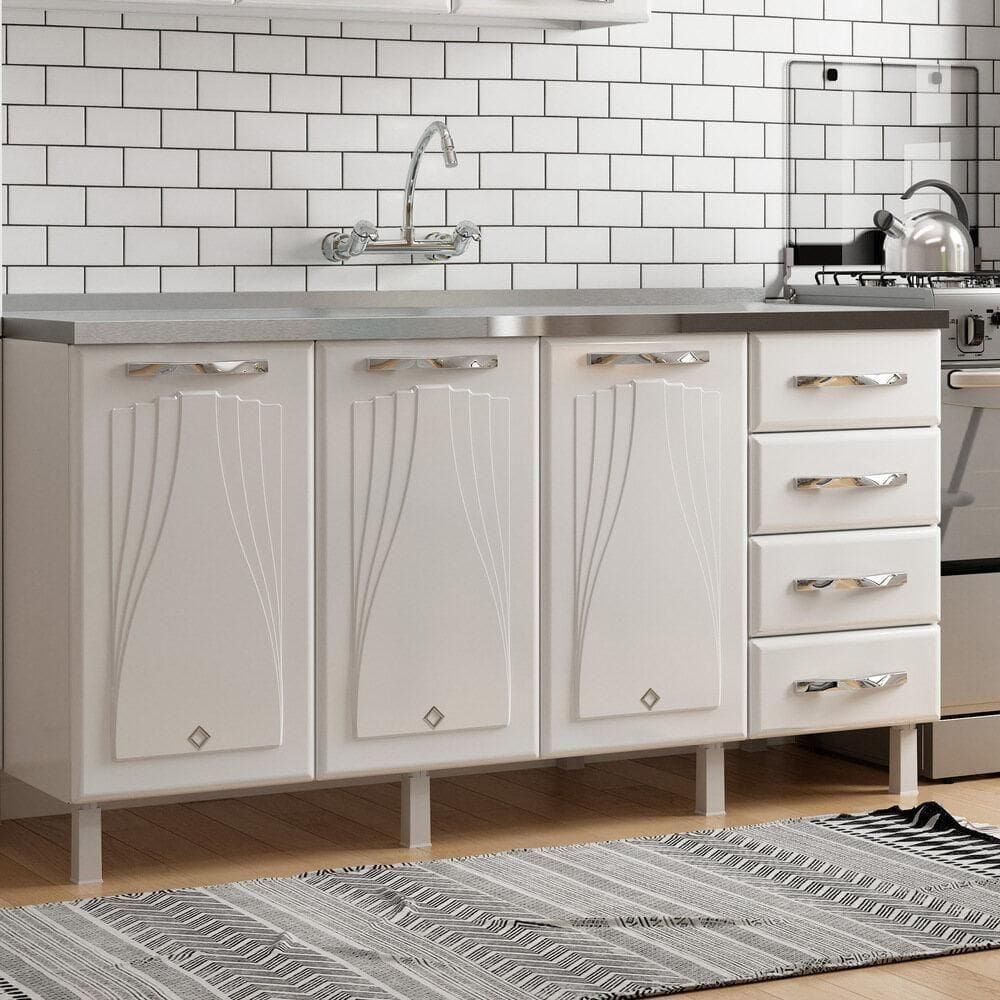 Balcão De Cozinha De Aço Quádruplo Sem Tampo Para Pia 160cm