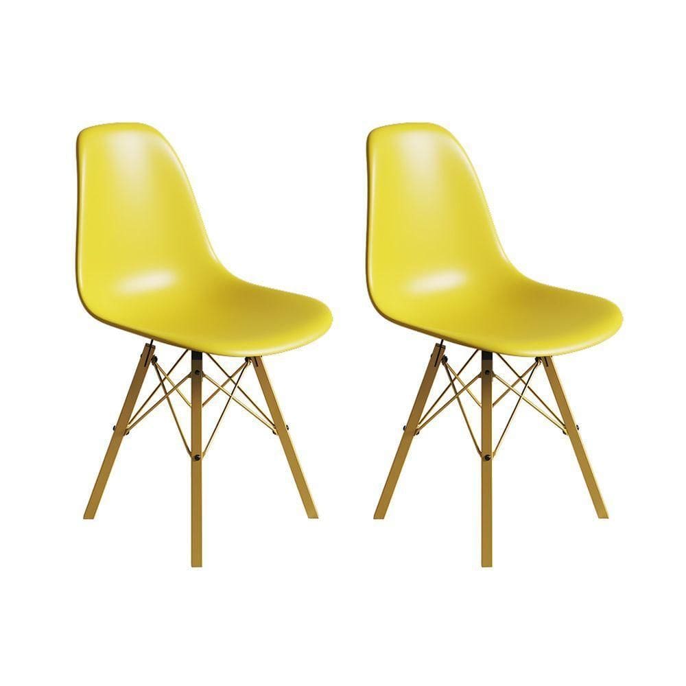 Conjunto 2 Cadeiras Eames Estilo Moderno Em Ferro Dourado Com Assento Amarelo