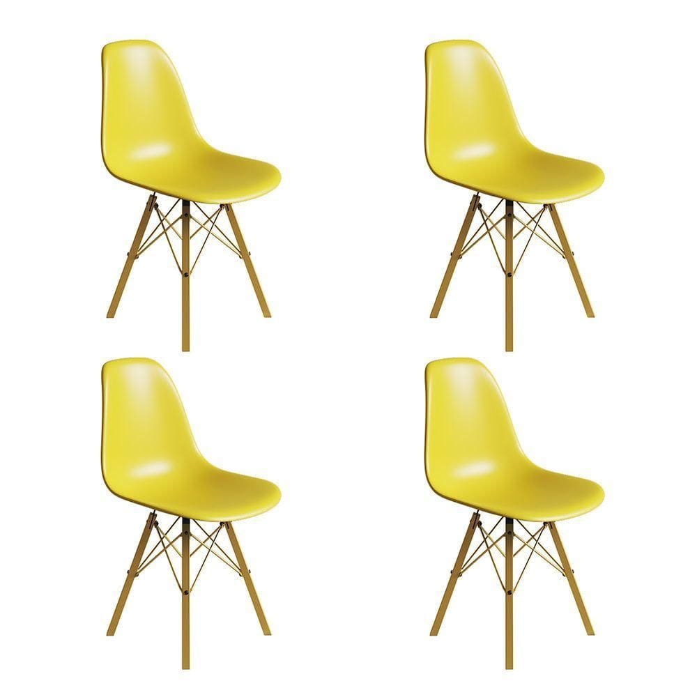 Conjunto 4 Cadeiras Eames Estilo Moderno Em Ferro Dourado Com Assento Amarelo