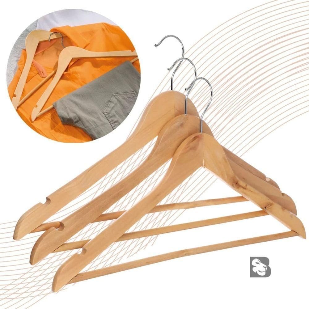 Kit 3 Unidades Cabides De Madeira Com Verniz