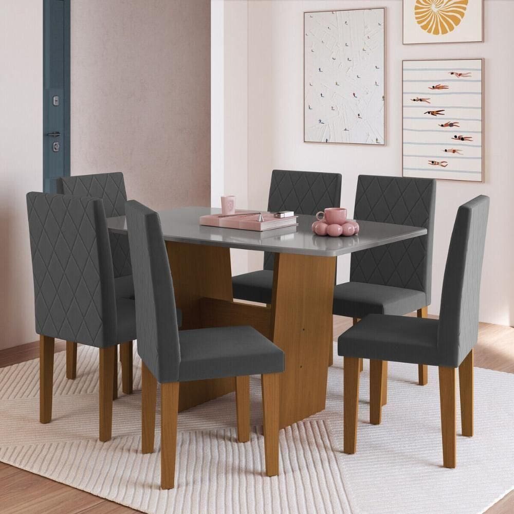 Conjunto Mesa De Jantar 137cm Com 6 Cadeiras Multimóveis CR50211 Freijó-titânio-grafite
