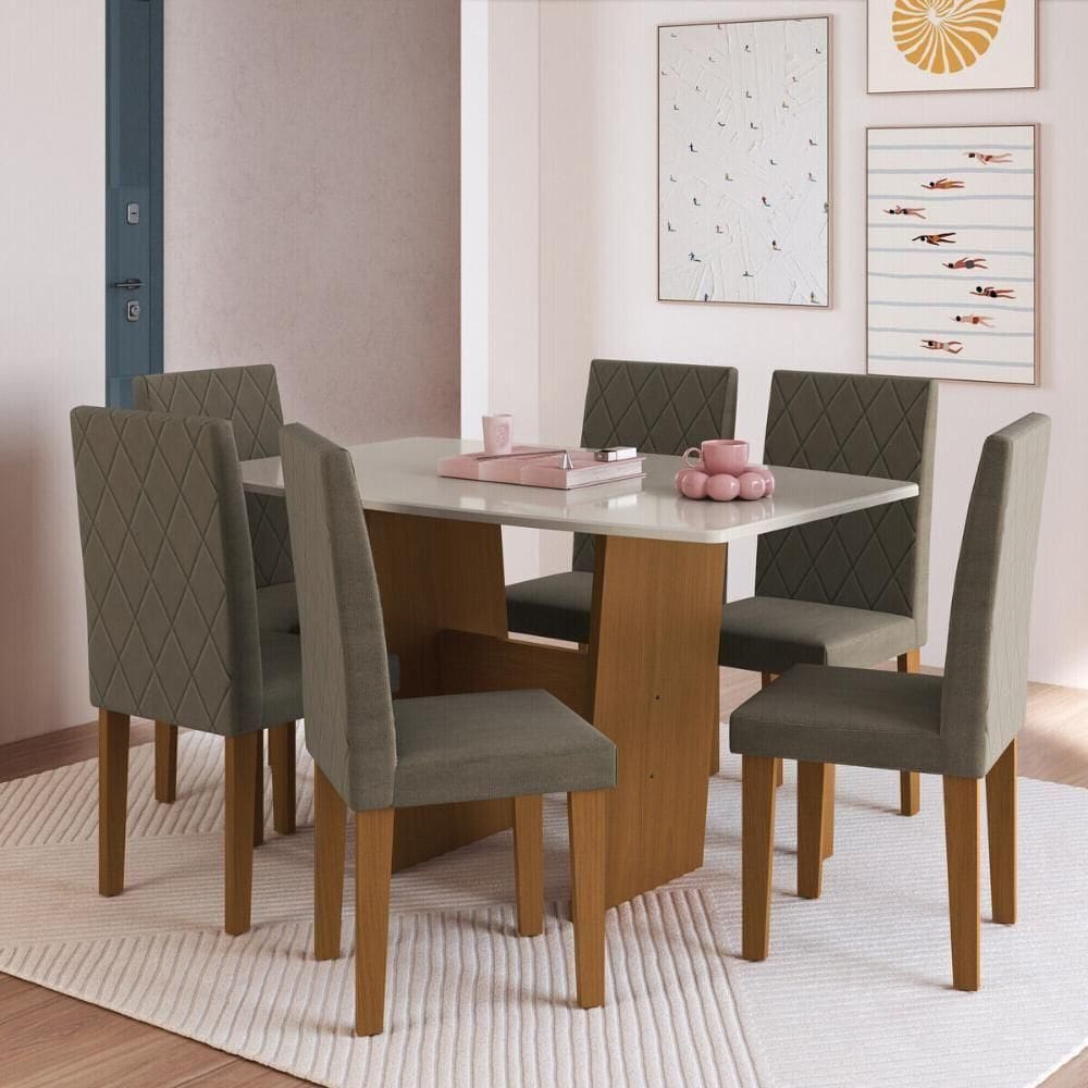 Conjunto Mesa De Jantar 137cm Com 6 Cadeiras Multimóveis CR50211 Cacau Freijó-off White-cacau