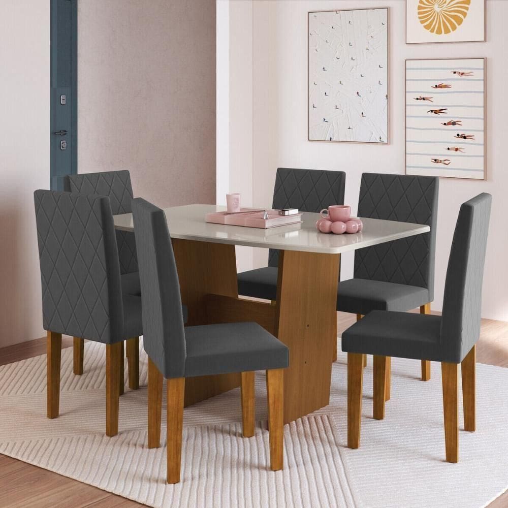 Conjunto Mesa De Jantar 137cm Com 6 Cadeiras Multimóveis CR50211 Freijó-off White-grafite