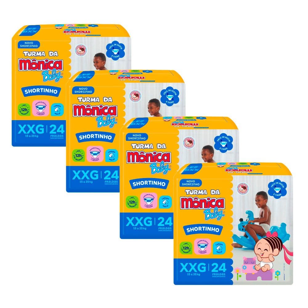 Kit 4 Fralda Shortinho Turma da Mônica Baby Tamanho XXG com 24 Fraldas Descartáveis