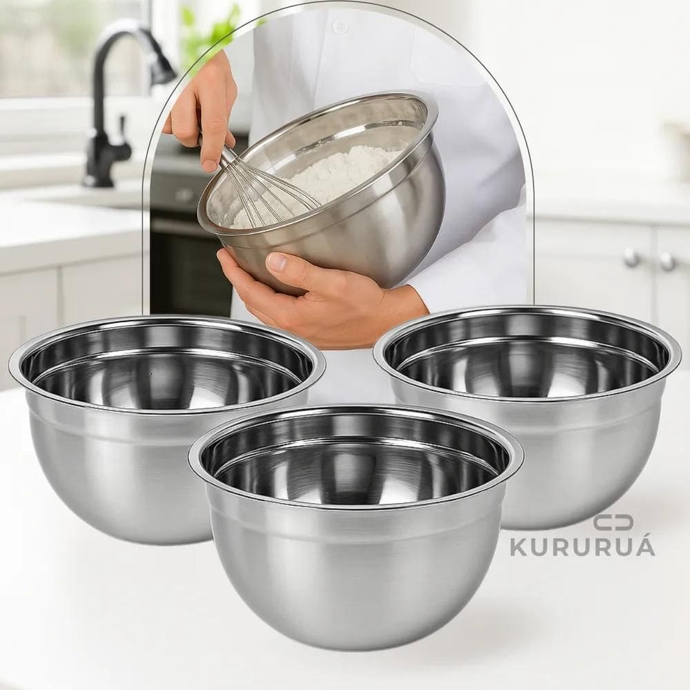 Kit 3 Tigelas Bowl Inox 22Cm Culinária Massas Bolos Doces Ma