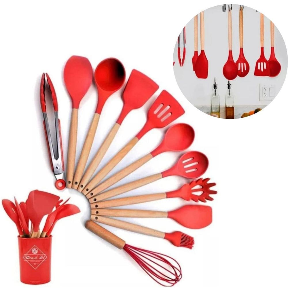 Kit 12 Peças Utensílios Cozinhha Cabo Madeira Silicone