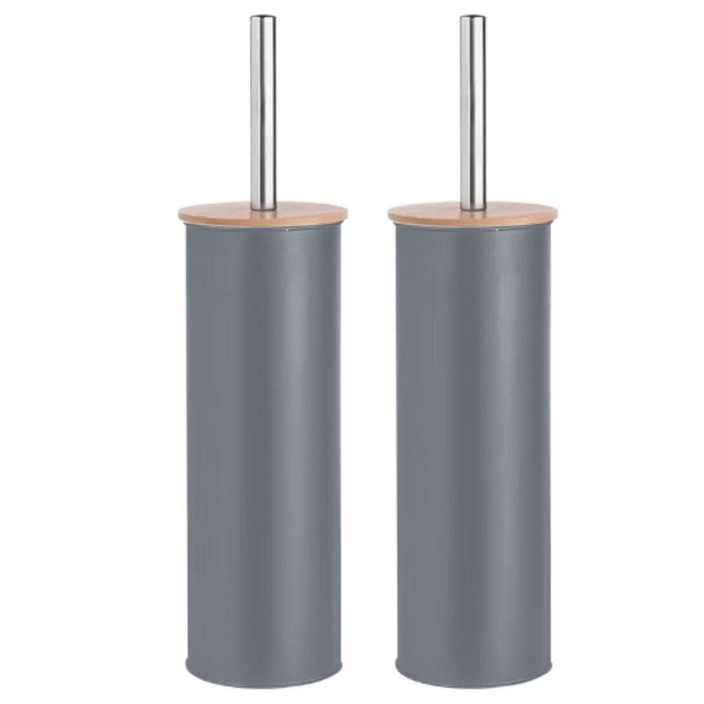Kit 2 Escova Sanitária Com Tampa De Bambu E Suporte Cinza