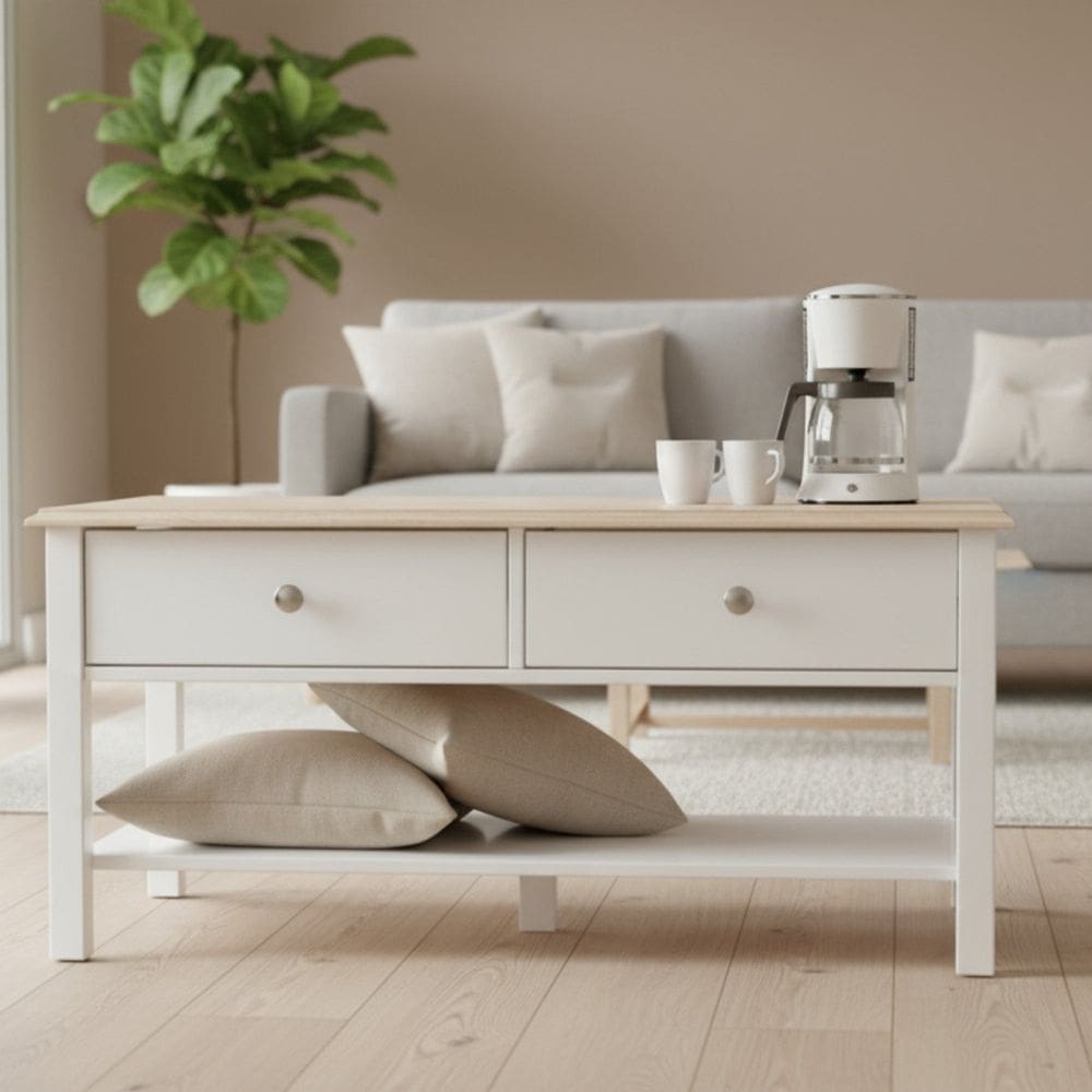 Mesa de Centro 2 Gavetas 100cm Tampo de Madeira Maciça Escovada Louise Branco / Patina