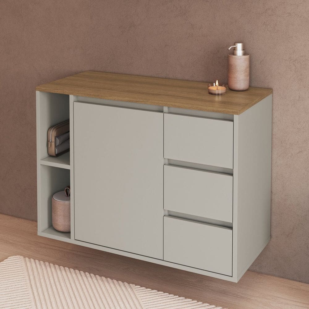 Balcão Gabinete de Banheiro Suspenso 80 Belagavi 1 Porta 3 Gavetas e Nichos Arenas