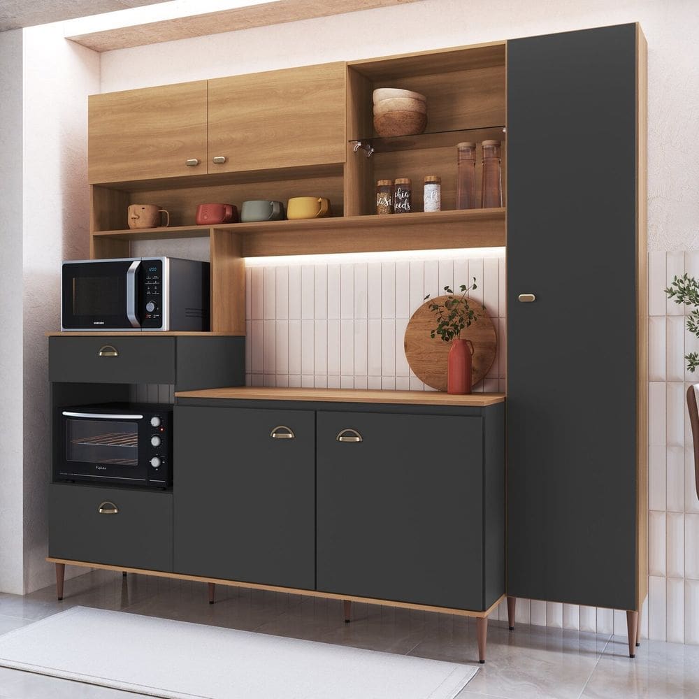 Cozinha Compacta 227cm com Tampo Espaço Forno e Microondas Paneleiro 6 Portas 1 Gaveta Karina Freijó / Grafite