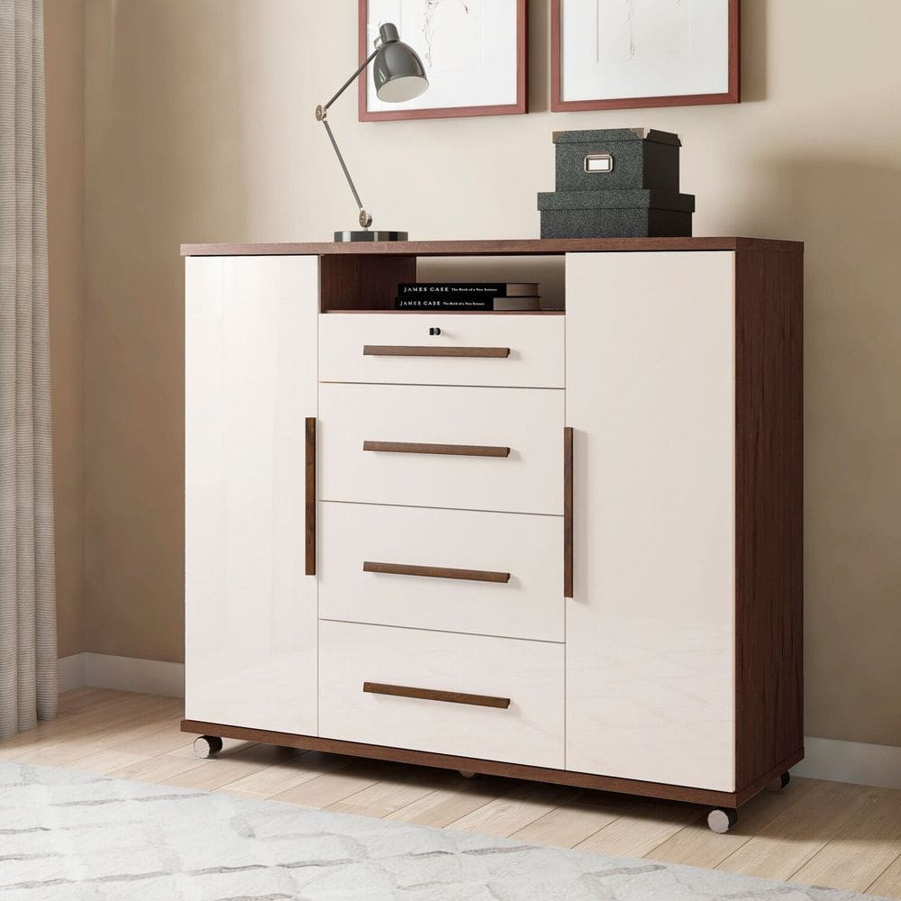 Cômoda Sapateira 2 Portas 4 Gavetas Versátil Jacaranda / Off White