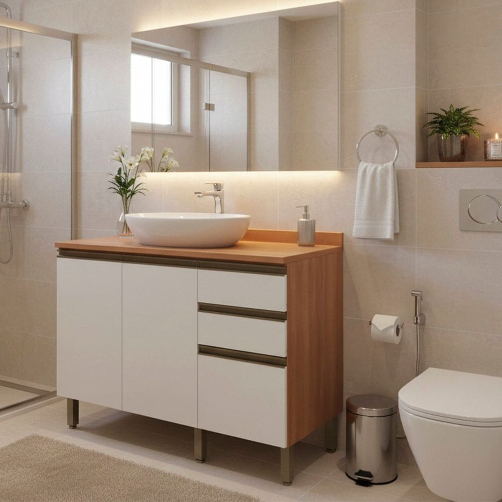 Balcão para Banheiro 1200mm 2 Portas 3 Gavetas Macadâmia Branco com freijó