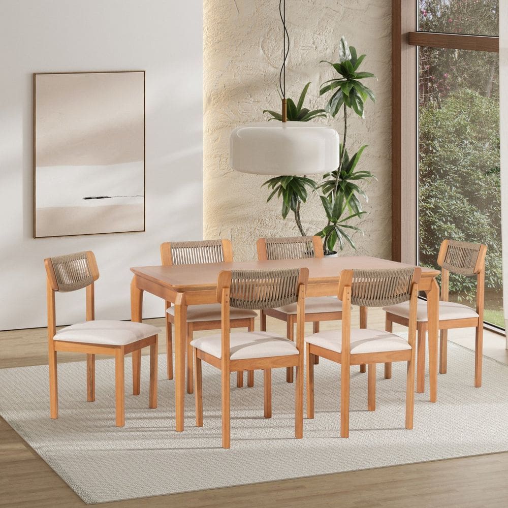 Conjunto Sala de Jantar com 1 Mesa Tampo Laminado 160cm e 6 Cadeiras Encosto Corda Florença Mel/Rami/ Cru