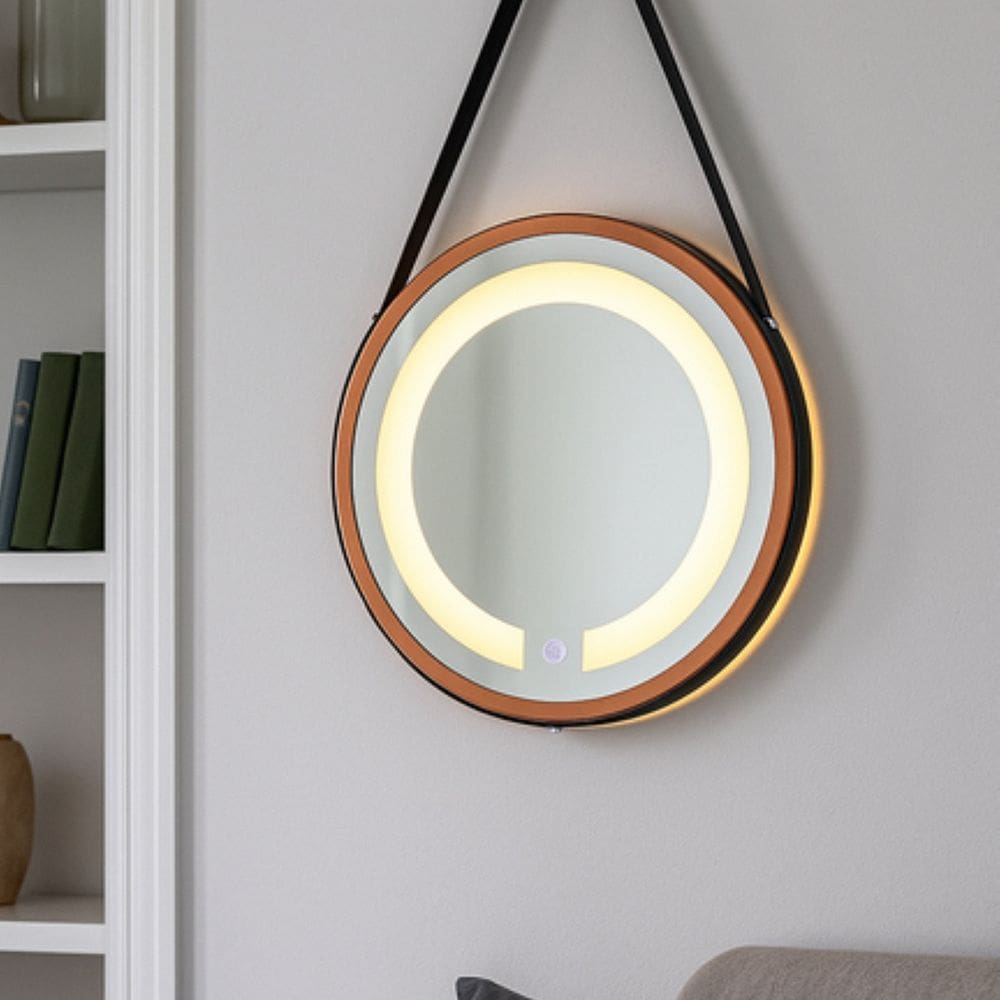 Espelheira Redondo Iluminado 40cm com Alça Touch 2 Leds com Alça Adnet Cobre/Preto
