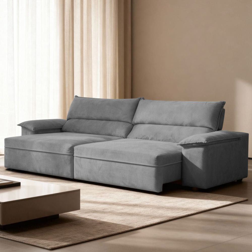 Sofá Retrátil Reclinável Molas Ensacadas 250cm Veludo Malta Cinza