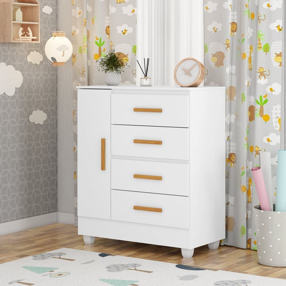 Cômoda 4 Gavetas 1 Porta Mdp 12cm Pintura Uv Corrediças Metálicas Lite Infantil Branco