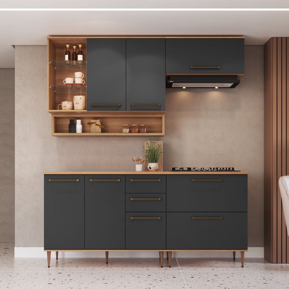 Cozinha Modulada 6 Peças com Tampo 120cm Nicho Decorativo Balcão para Cooktop Isabelle Freijó / Grafite