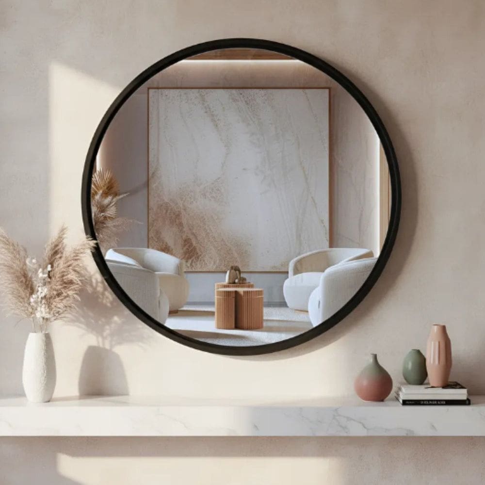 Espelheira Redondo 50cm Moldura Alumínio Basic Preto