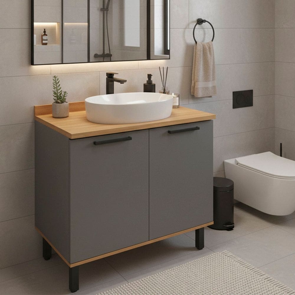 Balcão para Banheiro 800mm com Tampo Castanha Freijó e Cinza