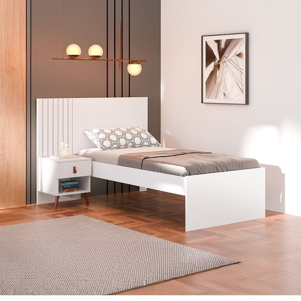 Cama de Solteiro Ripada Mdf e Mdp Lady Branco