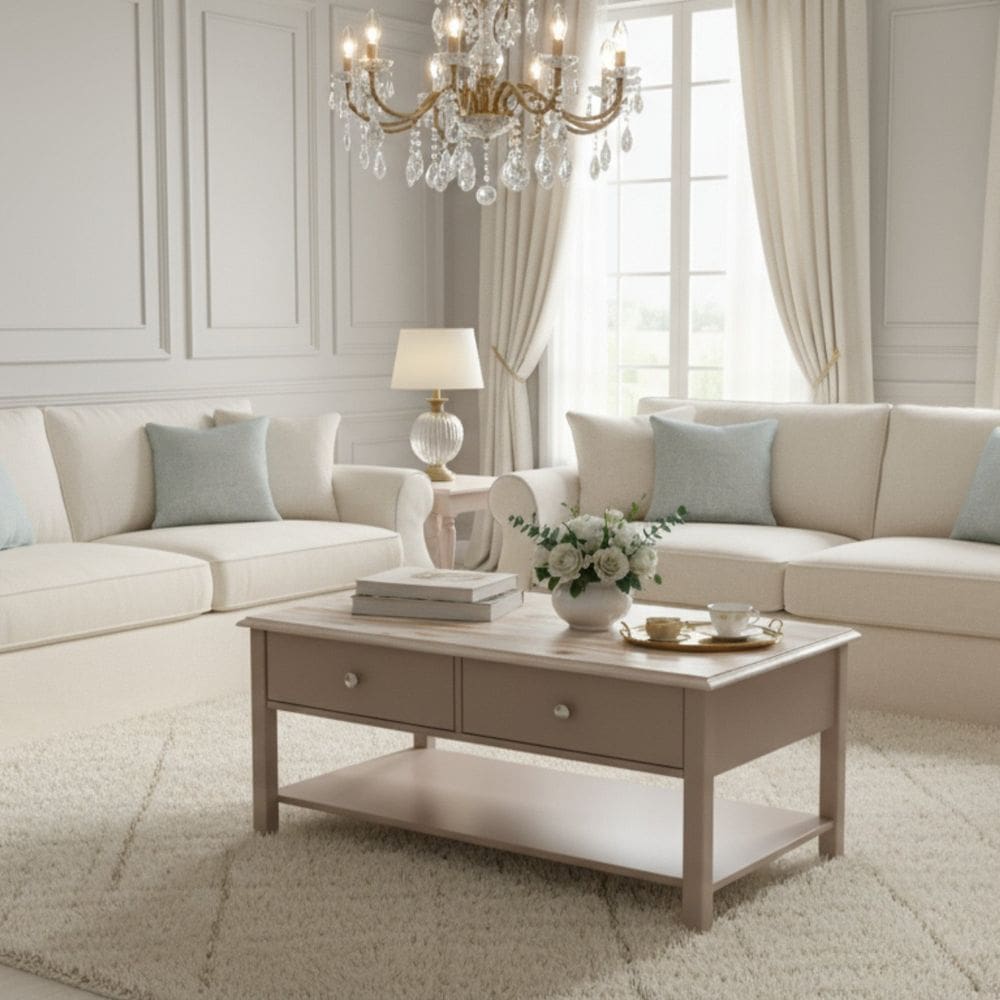 Mesa de Centro 2 Gavetas Tampo de Madeira Maciça Escovada Louise Cinza/Patina