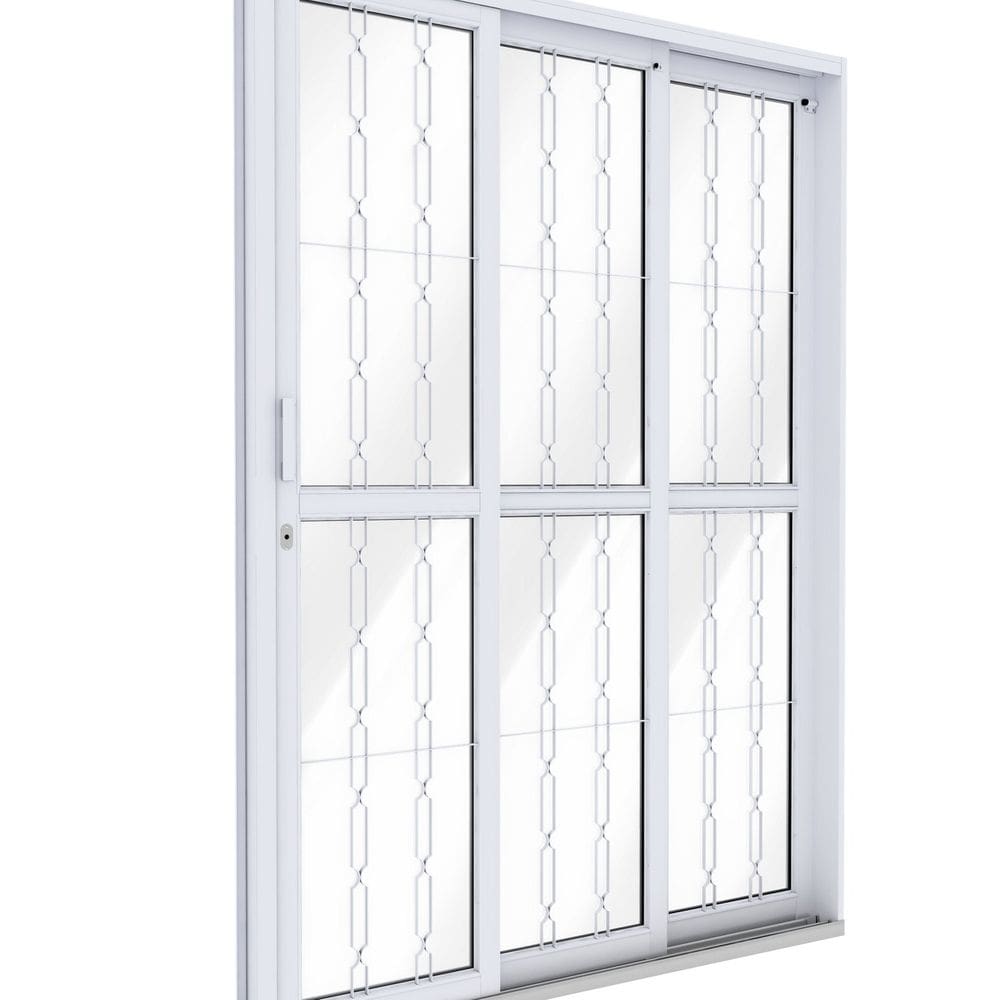 Porta de Aço de Correr Lateral 3 Folhas com Grade Mosaico 213x150cm Riobras Aço Pronto Branco