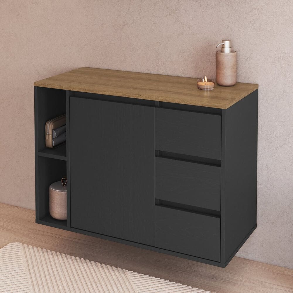 Balcão Gabinete de Banheiro Suspenso 80 Belagavi 1 Porta 3 Gavetas e Nichos Grafite